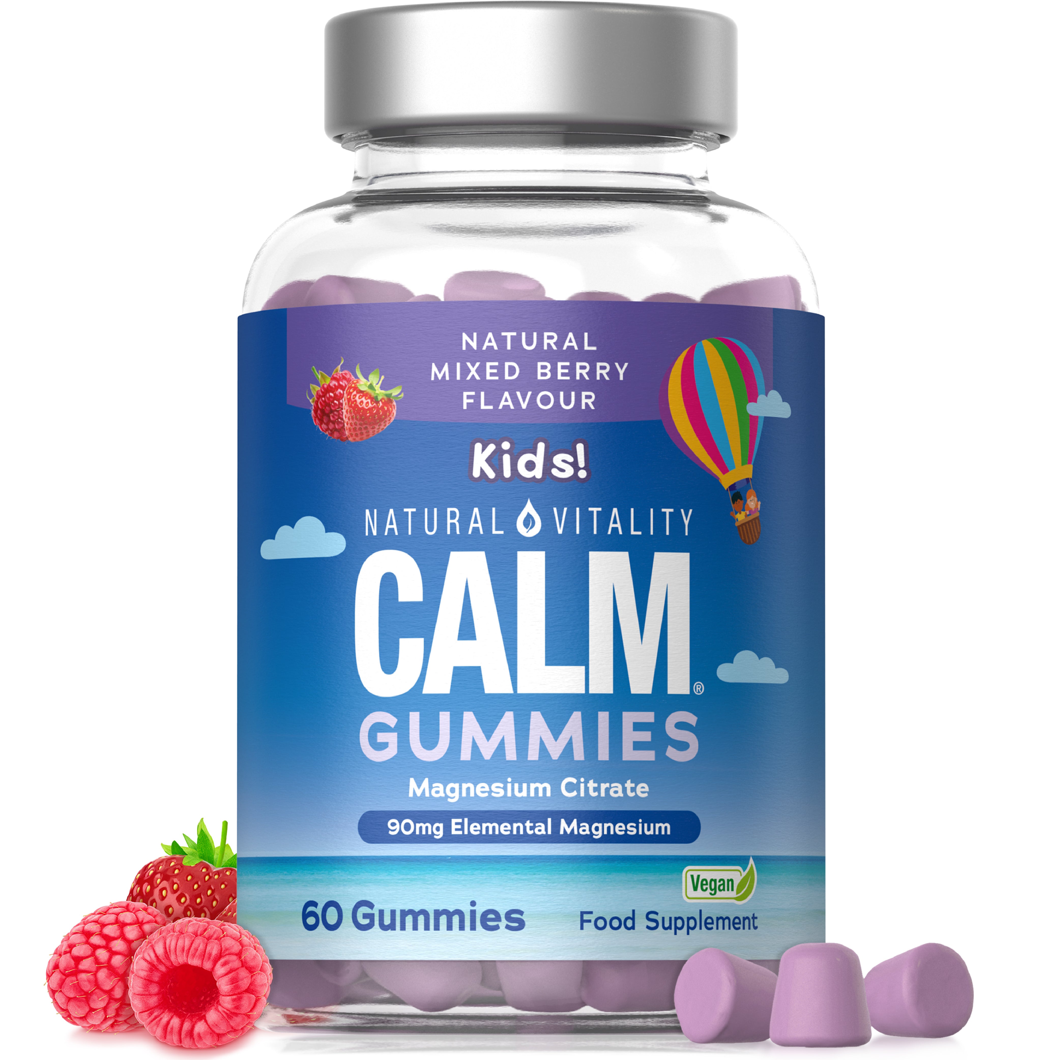 Natural Vitality Calm Kids Magnesium Citrate gummies featuring 90mg elemental magnesium in a natural mixed berry flavor, 60 vegan gummies.
