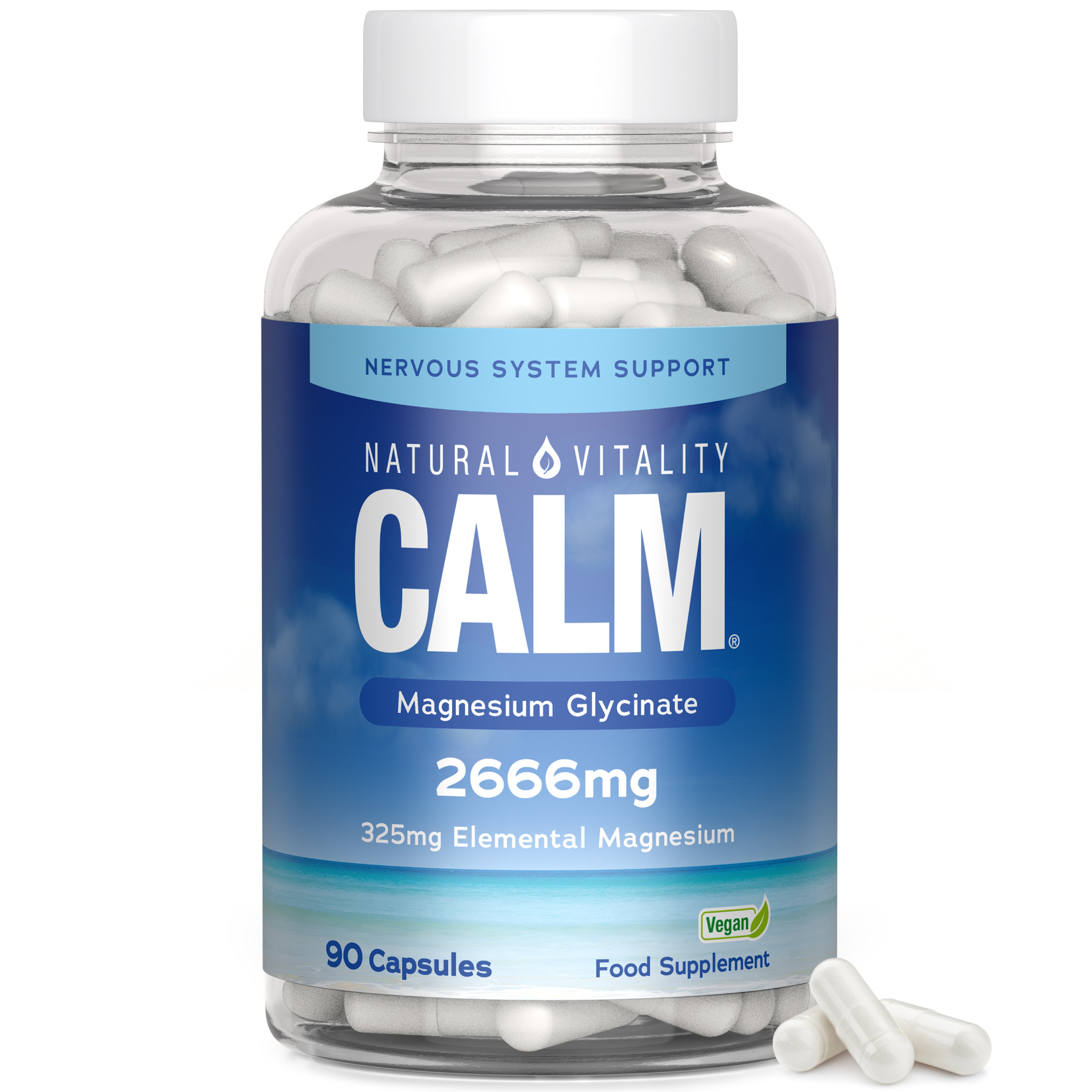 Natural Vitality Calm Magnesium Glycinate, 90 capsules. Contains 2666mg with 325mg elemental magnesium. Vegan supplement.