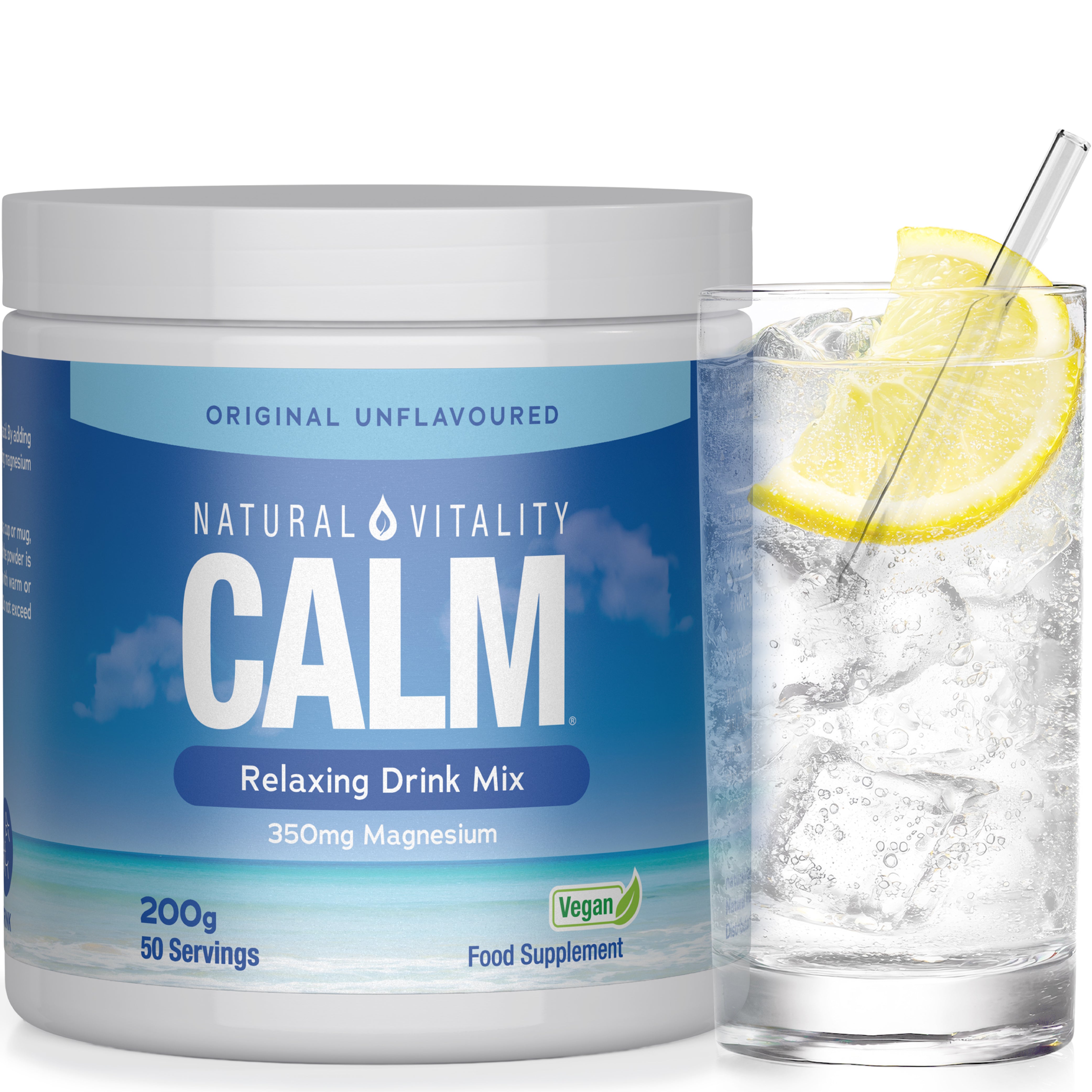 Natural Vitality Calm Relaxing Drink Mix, Original Unflavoured, 200g, 50 Servings, with 350mg Magnesium, and Vegan label.